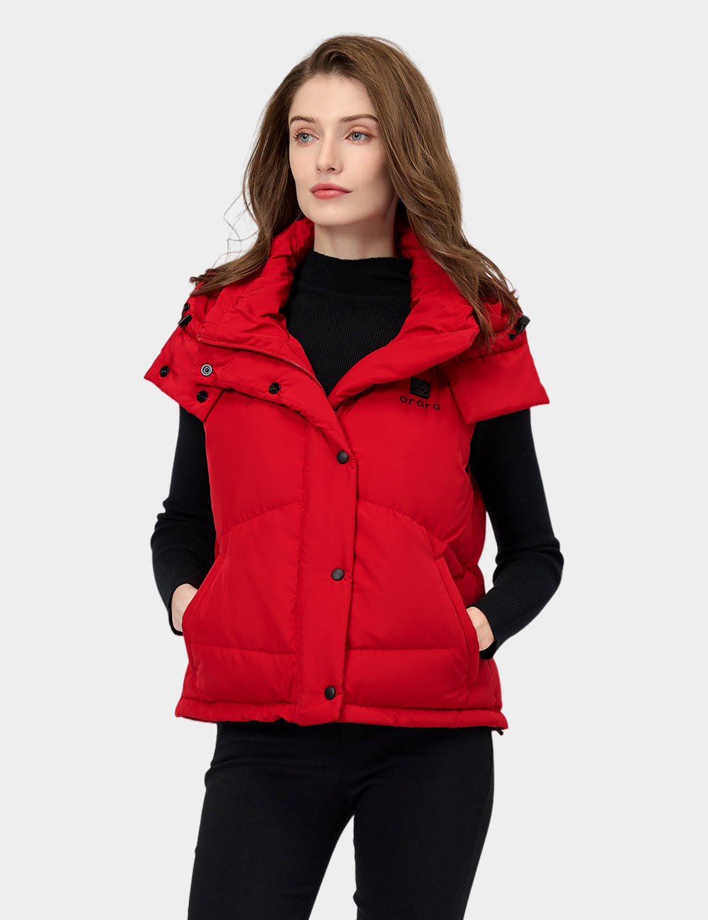 Frauen beheizbare kurze Puffer-Daunenweste - Schwarz / Rot, Thumbnail 12