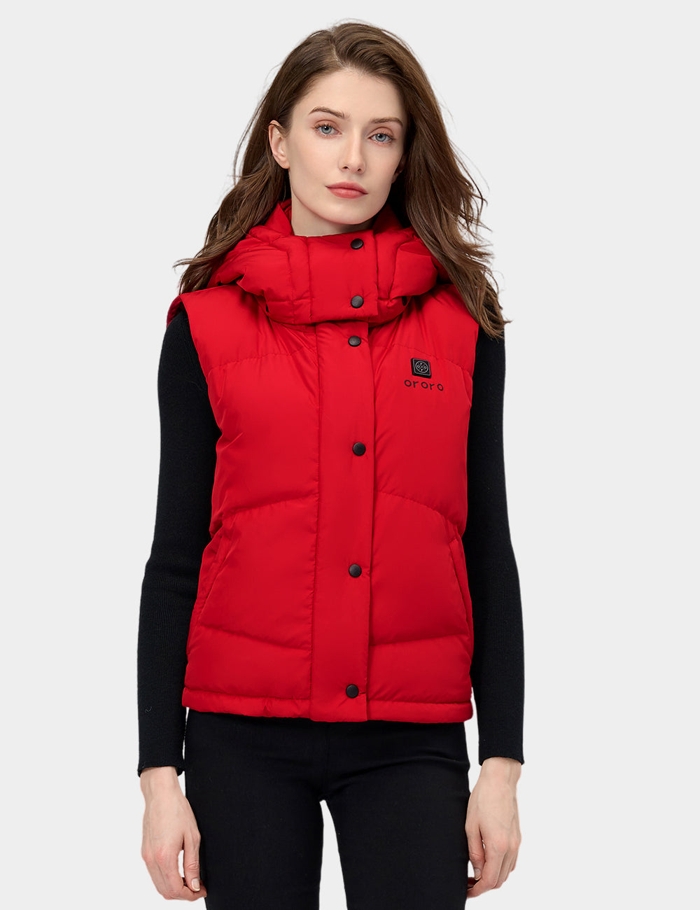 Frauen beheizbare kurze Puffer-Daunenweste - Schwarz / Rot, Thumbnail 14