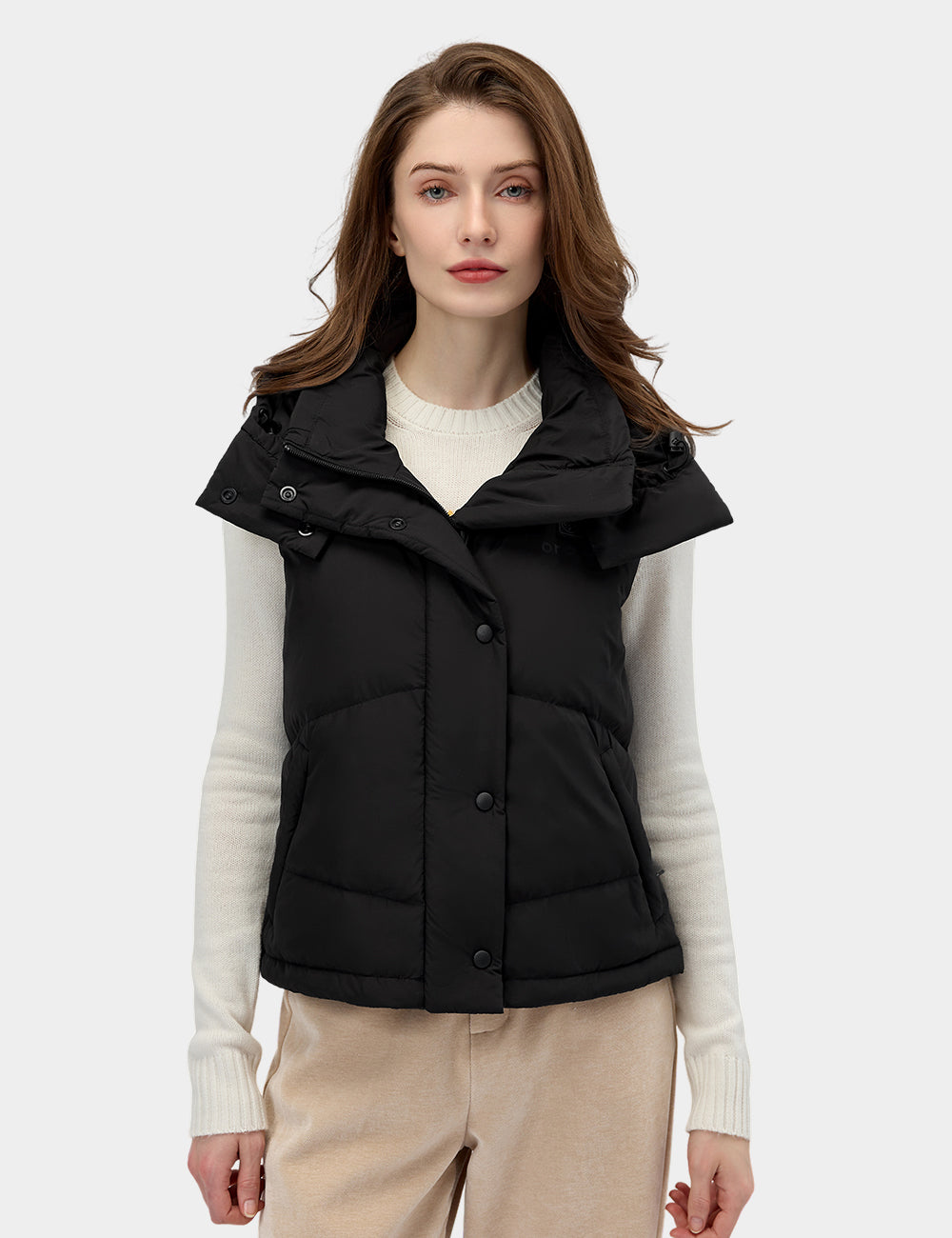 Frauen beheizbare kurze Puffer-Daunenweste - Schwarz / Rot, Thumbnail 3