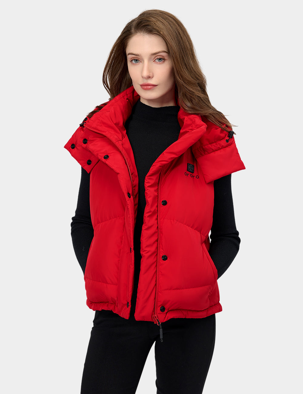Frauen beheizbare kurze Puffer-Daunenweste - Schwarz / Rot, Thumbnail 15